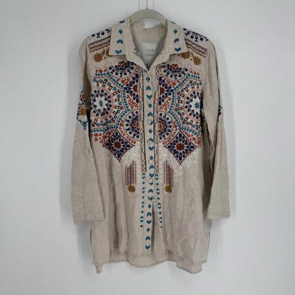 John Mark Shirt small s tan linen embroidered tunic beachy tropical cruise - Picture 1 of 5